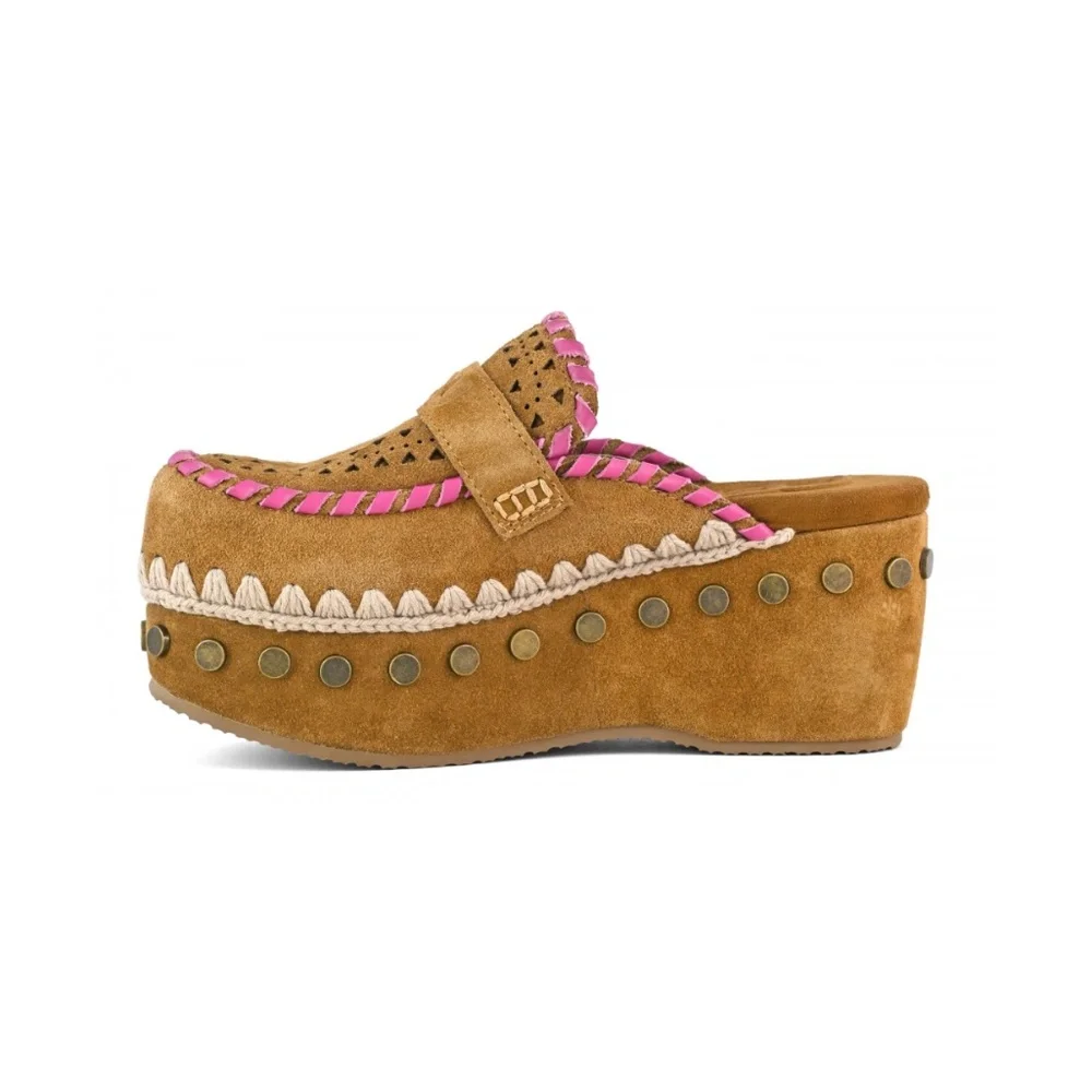 Mou | Leather Overstitching Suede Clogs - Cognac & Pink - 60mm Wedge - Picture 7 of 15
